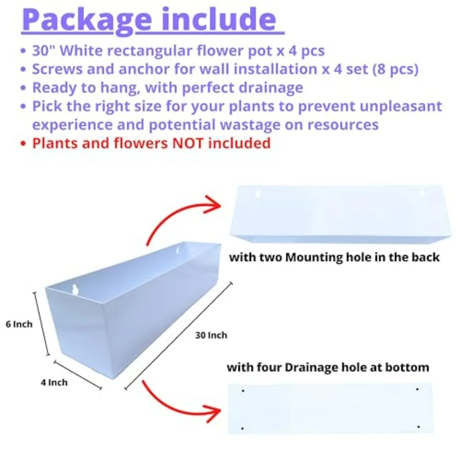Outdoor wall-mounted planter set: white carbon steel, 30-inch rectangular hanging flower pots for succulents, fence, deck, and