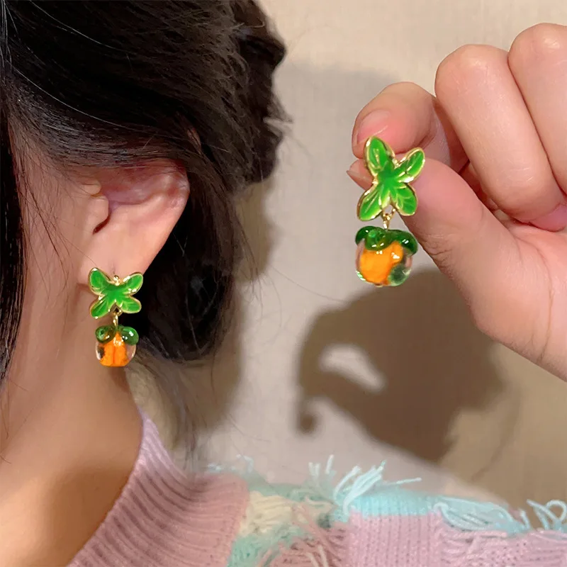 Lucky99 2024 New Trendy Cute Green Leafy Fruit Persimmon Earrings For Women Fresh Exquisite Crystal Enamel Drop Earring Girl