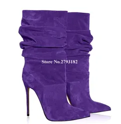 Classical Style Suede Stiletto Heel Mid-calf Boots Pointed Toe Slip-on Purple Brown Black Pink Thin Heel Short Boots