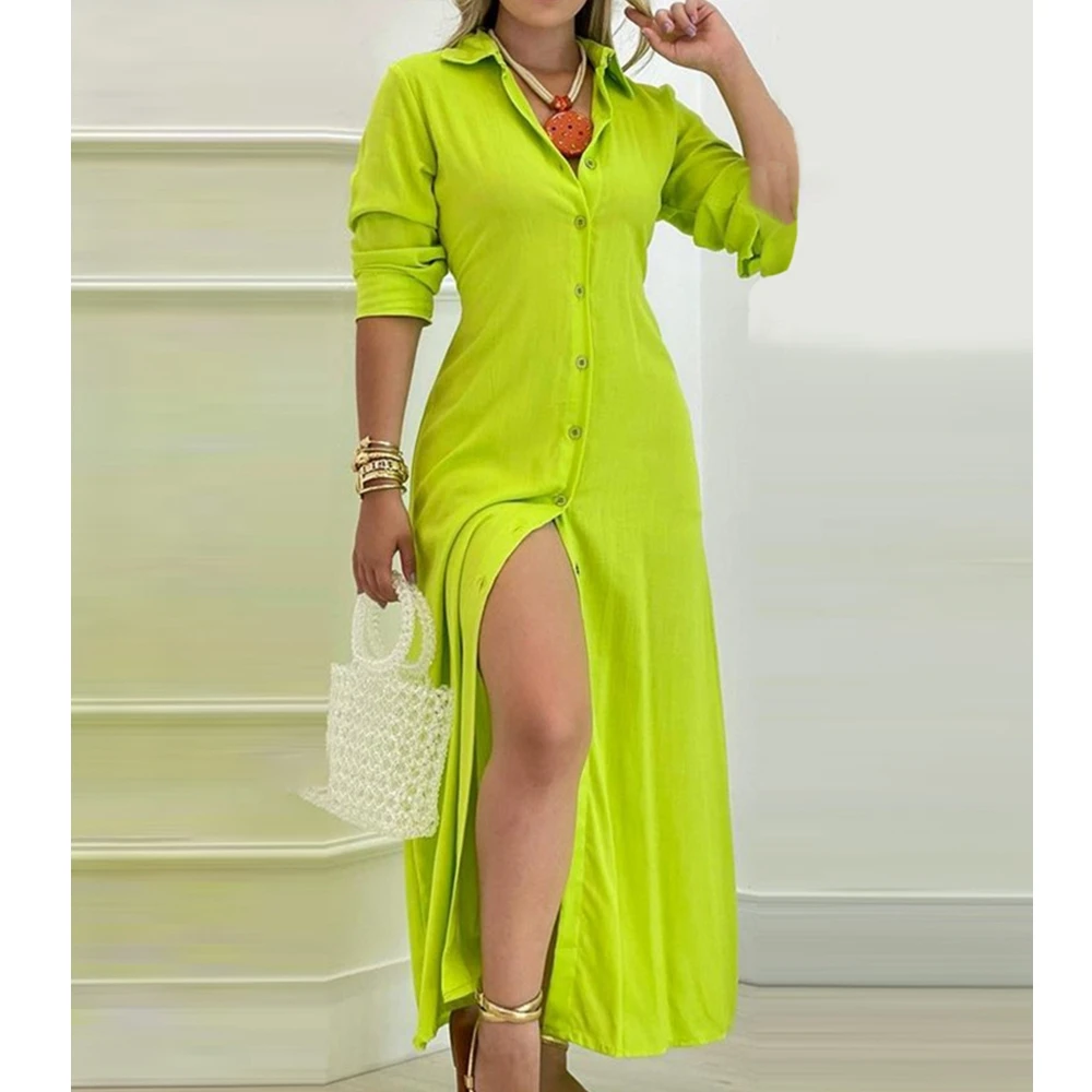 

Wepbel Shirt Dress Women Solid Color Single Breasted Cardigan Long-Sleeved Basic Shirt Dress Summer Loose Green Long Dress