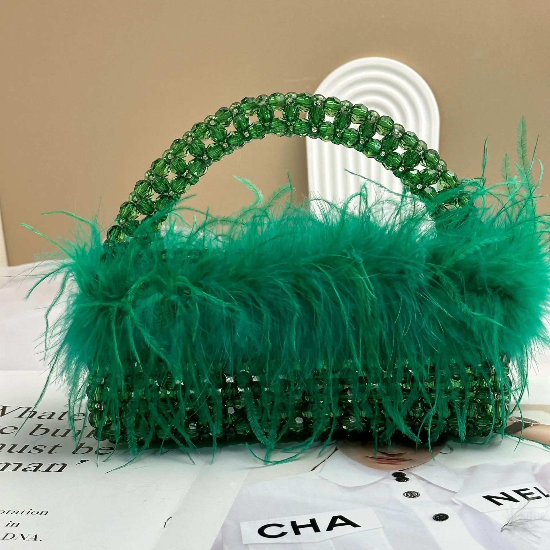 Parel kralen tas met veren bont Designer merk helder acryl kristal stenen doos Tote handtas vrouwen handgemaakte feesttas