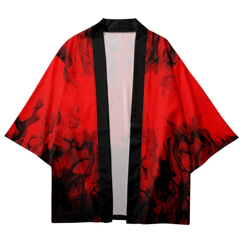 

2024 Fashion Japanese Traditional Clothing Kimono 3D Printed Red and Black Pattern Men's and Women's Casual Haori Kimono Yukata