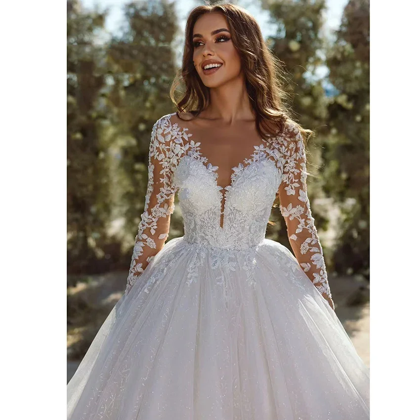 朱のカスタムメイド長袖ウェディングドレス、花嫁用Vネックボタンバックレースアップリケブライダルドレス、vestidos de novia