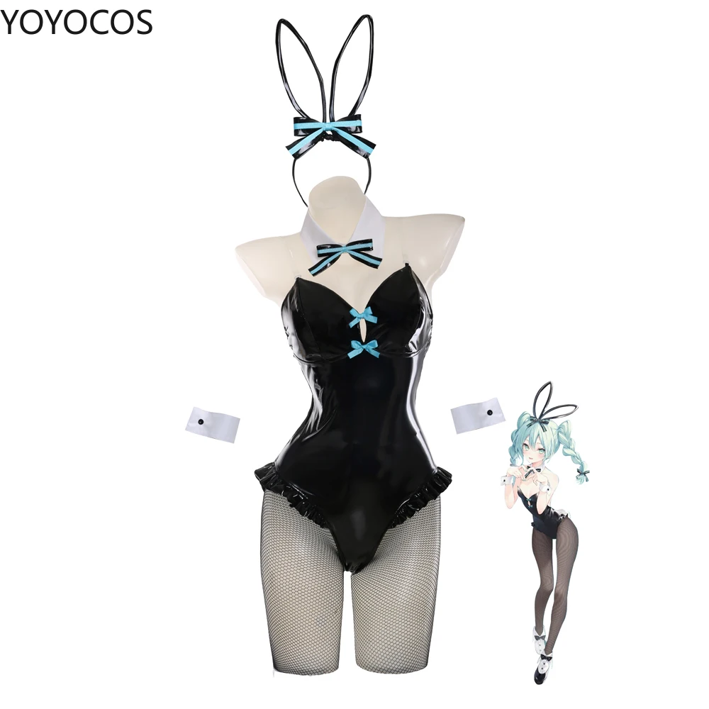 YOYOCOS  Demon Black Patent Leather  Bunny Girl Sexy Cute Uniform Halloween Cosplay Costume Headdresses Clothes Bows