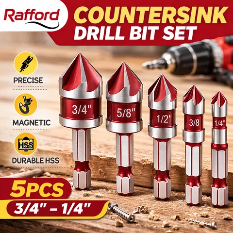 5 Flute Metal M35 Cobalt Countersink Drill Bit Set 82° 5pcs 1/4" Hex Shank Countersunk Bit Set 1/4” 3/8” 1/2” 5/8 With Holder