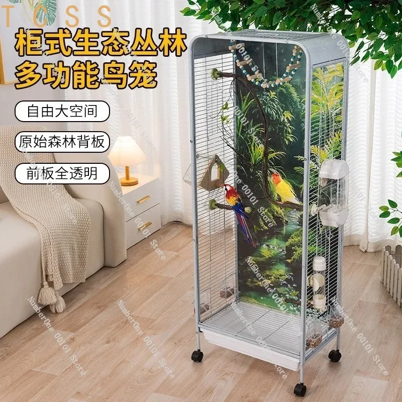Cabinet-style transparent birdcage for budgerigars tiger skin black phoenix peony birds,villa ecological bird keeping cage