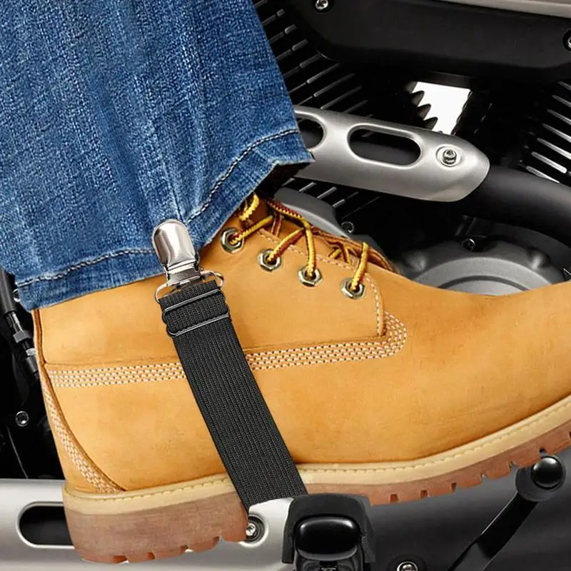 Correias de calças para motocicleta, jeans de motociclista, alças ajustáveis, clipes de bota de motocicleta, conjunto de 2 alças de bota para homens e mulheres