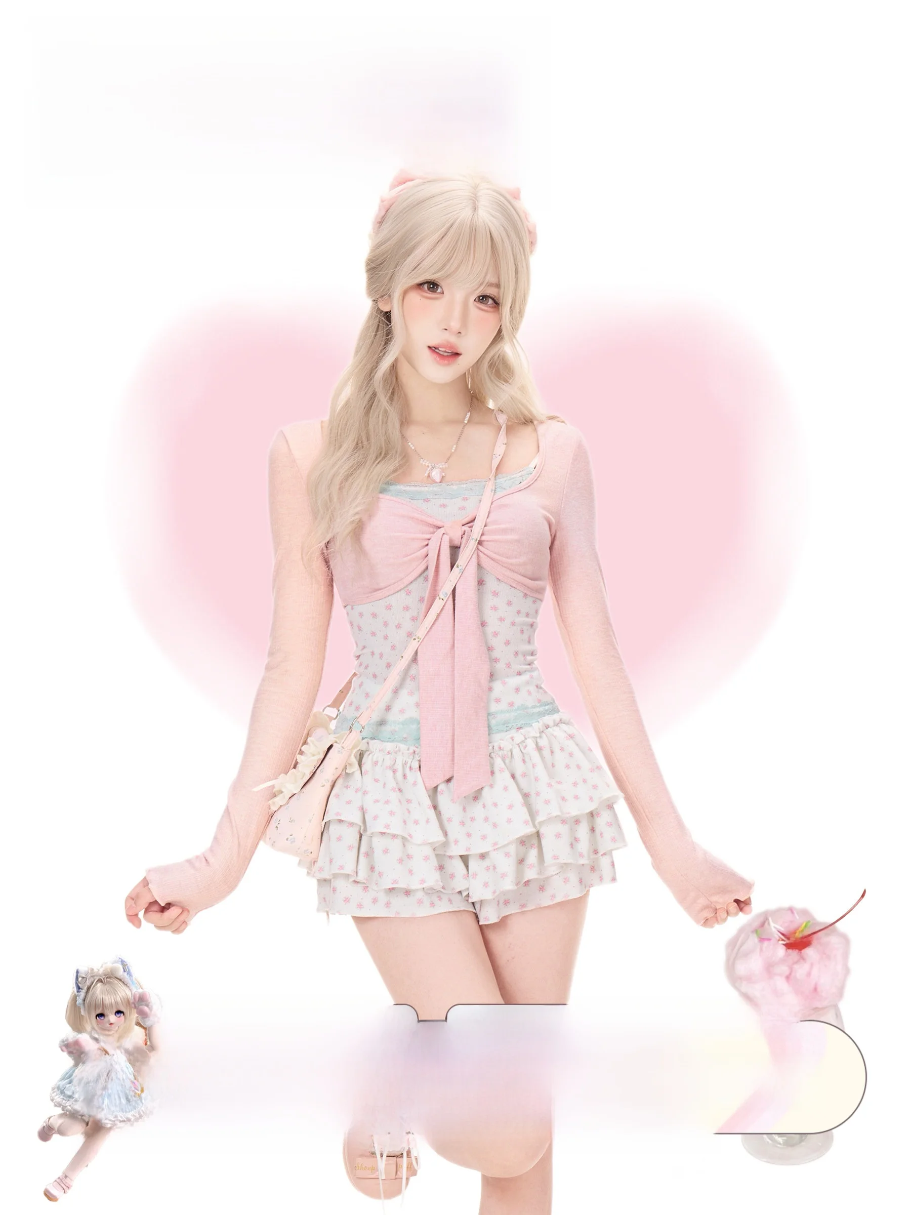 Pink Knitted Open Cardigan White Floral Strap Cake Skirt Set Floral Print Casual Style Women's Fashion Three-piece Suit Autum...