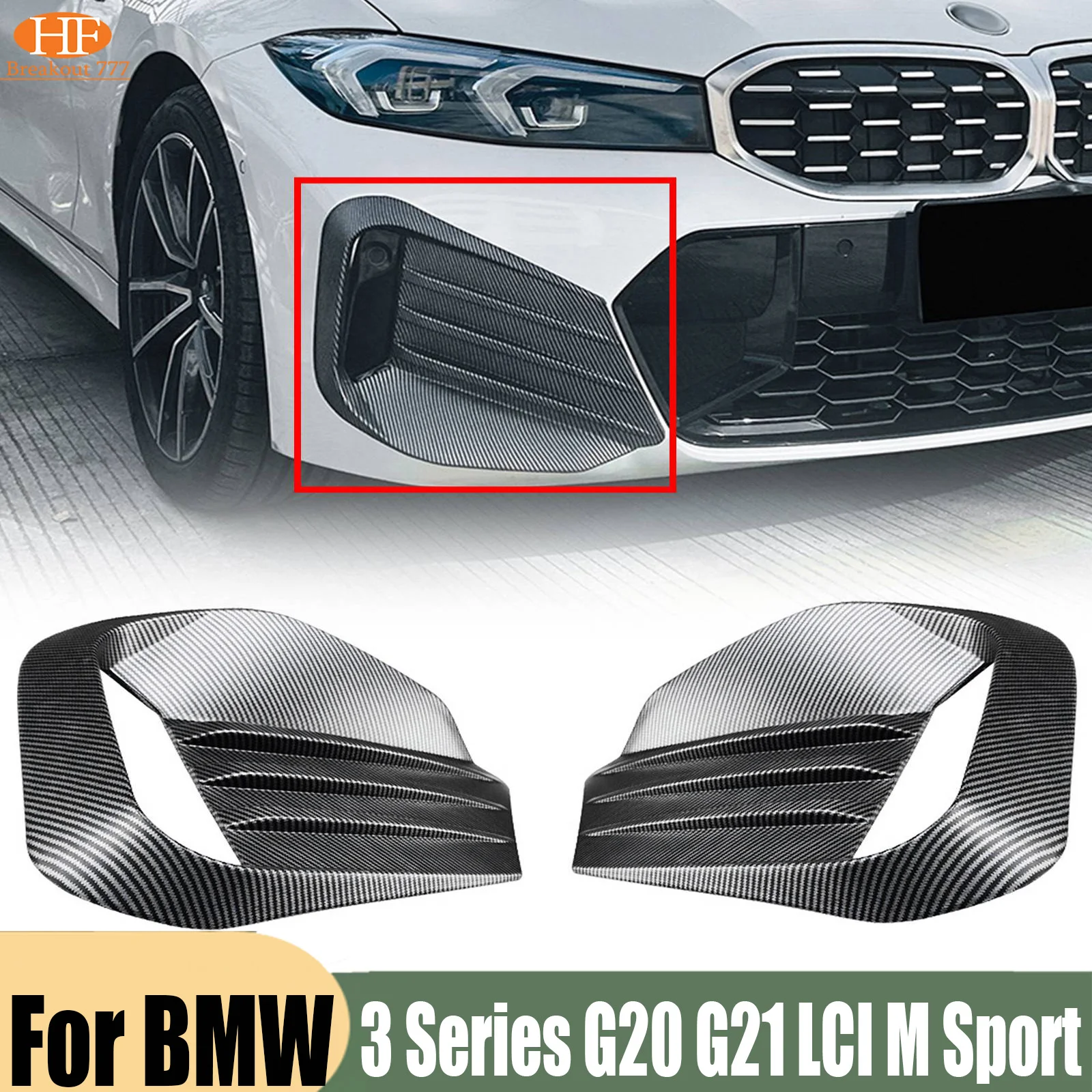 Front Bumper Side Air Vent Spoiler Grill Fog Light Cover Trim For BMW 3 Series G20 G21 LCI M Sport 2023-2024