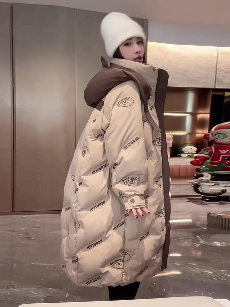 

Faionable Printed Patchwork Ce Au Lait Long White Du down Jaet Women's Trendy Outerwear Casual Sle Thiened Long S...