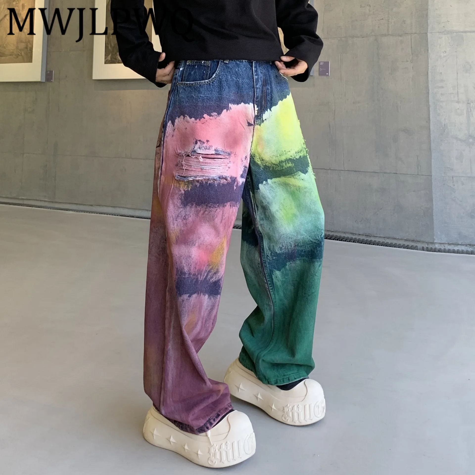 

MWJLPWQ 2025 Autumn New Painted Straight Jeans Male Unisex Fashion High Street Trendy High-End Color Block Wide-Leg Pants 12164