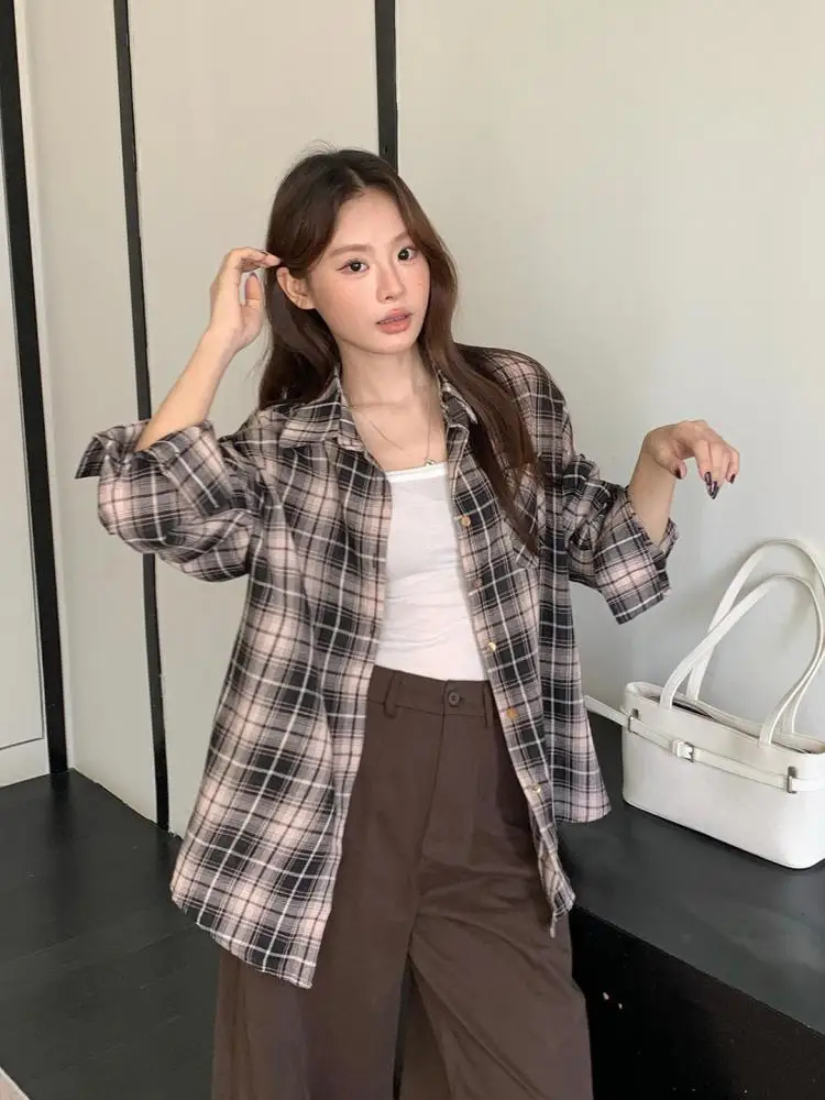 

Autumn Retro Khaki Plaid Patchwork Elegant Long Sleeved Slim Shirt Women Single Breasted Holiday Loose Tops Popular Clothes Chic