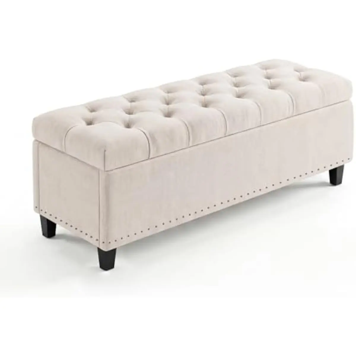 51-inch oversized upholstered storage bench with 30-gallon interior capacity, pressure-assisted soft-close lid, tufted beige fab