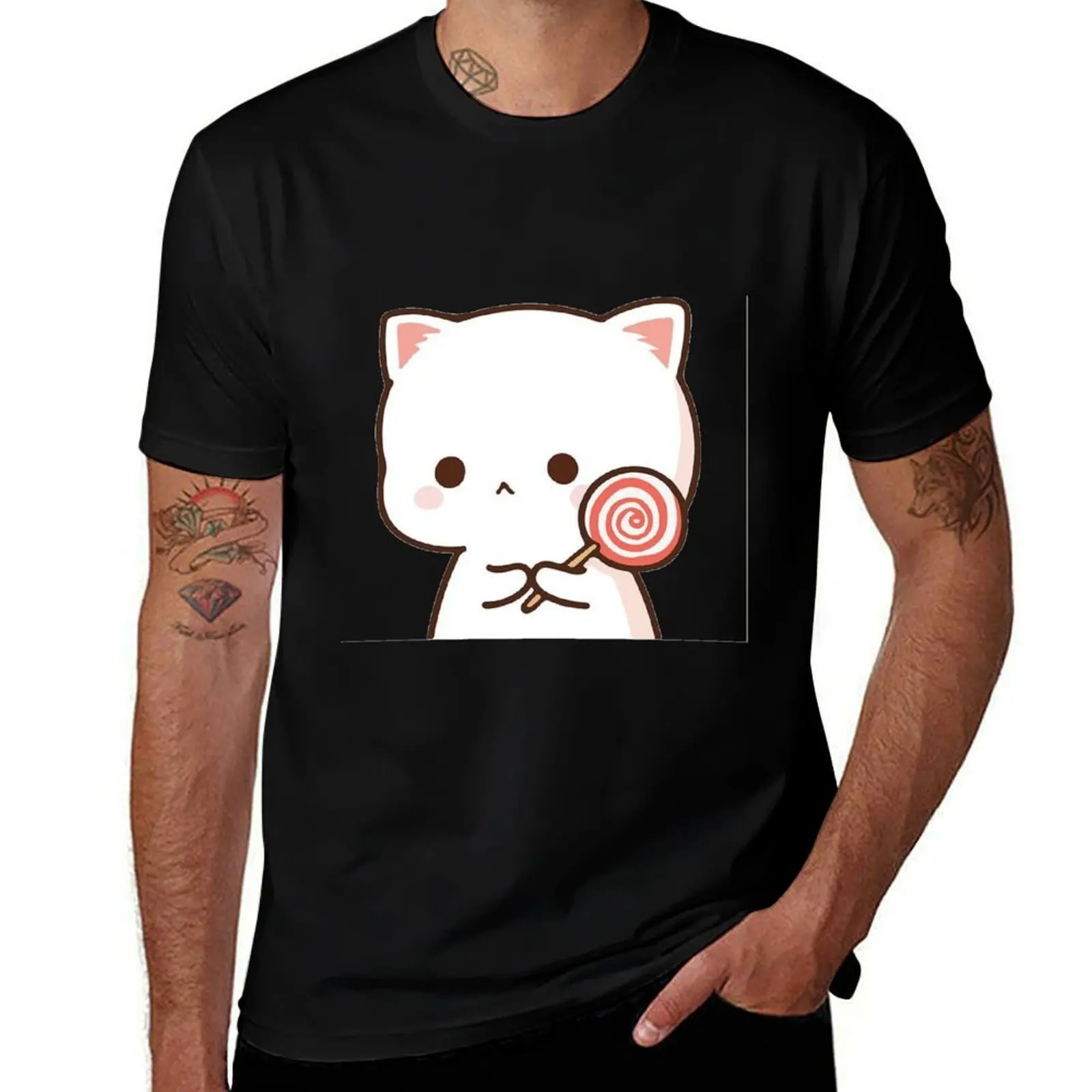 Peach Goma Mochi Mochi Cat Lolipop Sad Pose T-Shirt Sports Casual Breathable Tee Shirt