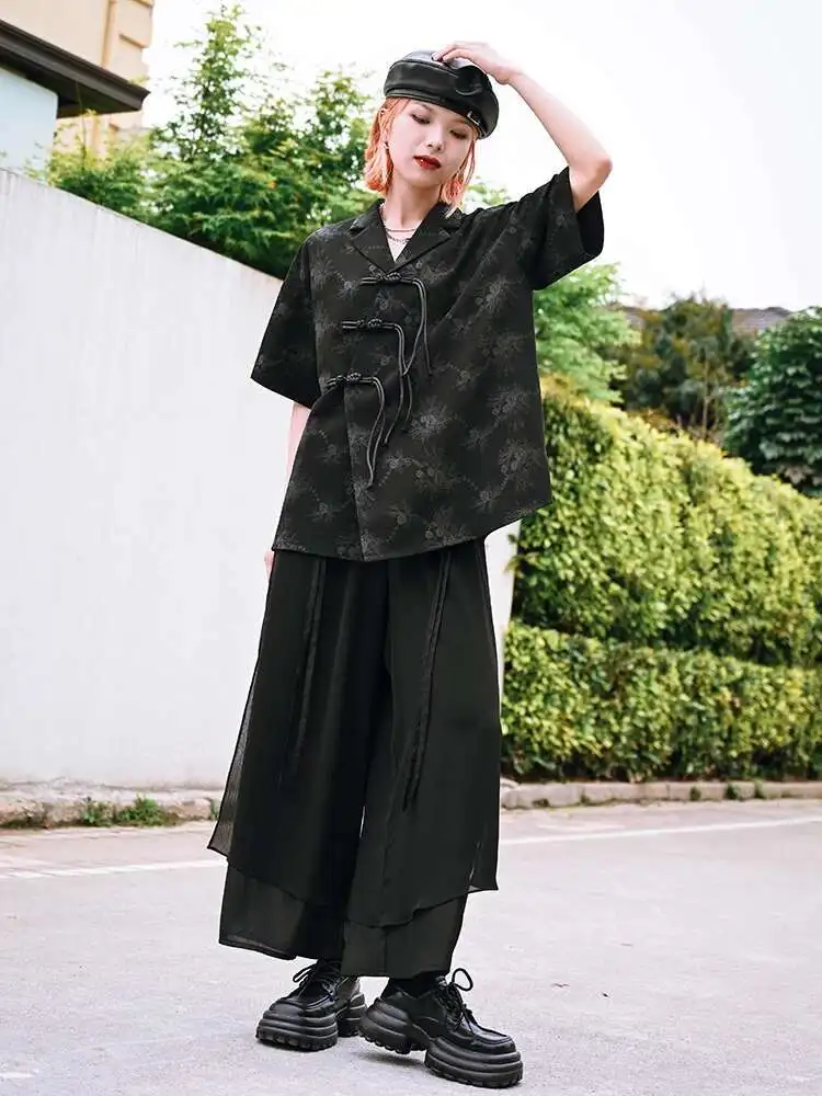 Nuovo stile cinese stile nazionale Elementi Han Pantaloni neri a gamba larga da nove pollici Pantaloni estivi con sensazione di freschezza Pantalon Chinois in chiffon