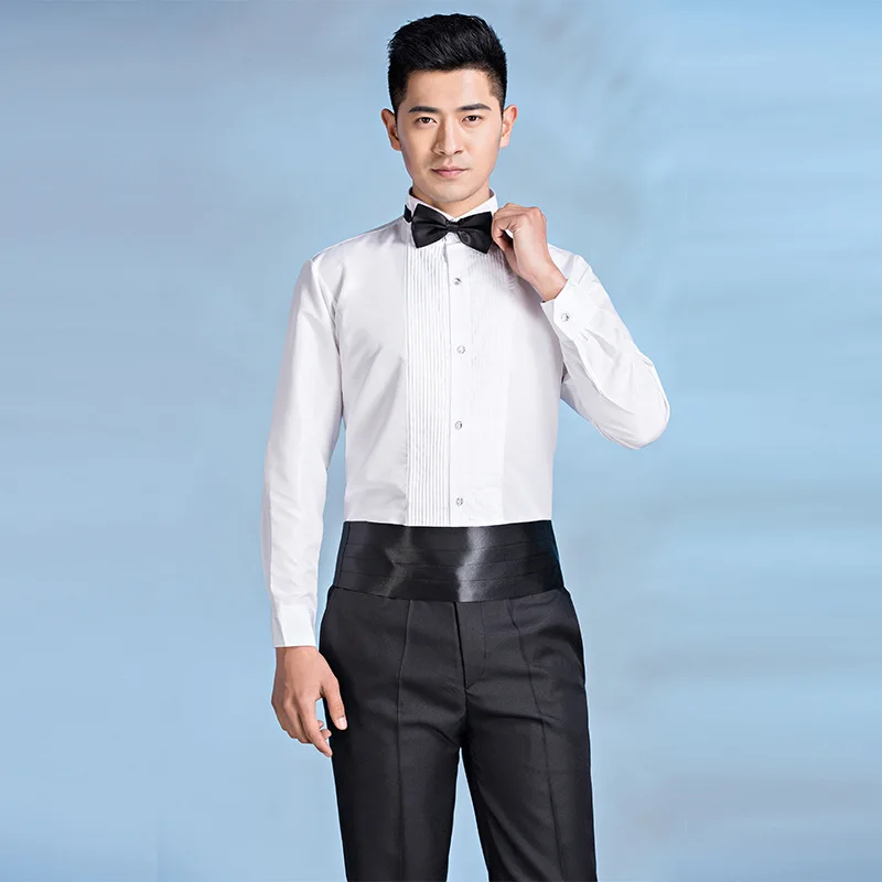 Performance Fold Dress Men Shirt(With Bow Tie) Long Sleeved Stage All Seasons Quality Solid Fashion White Host Camisas De Hombre