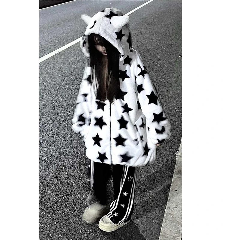 Trendy American Star Lamb Fur Jacket Women Winter Fleece Loose Lazy Style BF Zipper Sweatshirt Hooded Commute Windbreaker