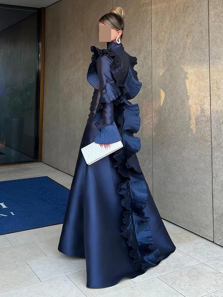 Jirocum Vintage Blue Mermaid Evening Gown Women High Neck Ruffled Long Sleeve Party Prom Dress Formal Occasion Gowns customized