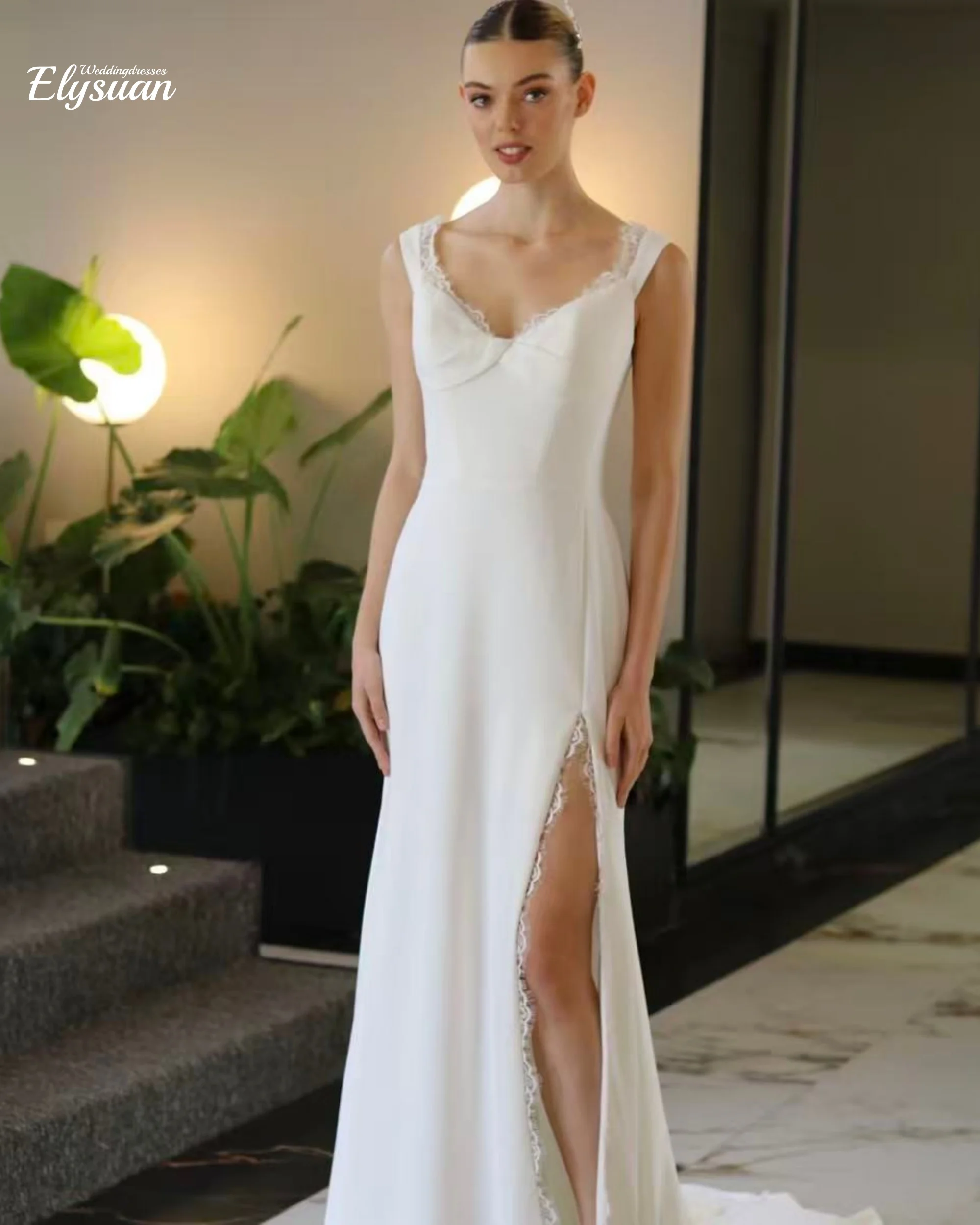 

Customized Elegant Off the Shoulder Wedding Dress with Lace Mermaid Floor Length Sexy Side Slit Bridal Button Sweep Train Gown