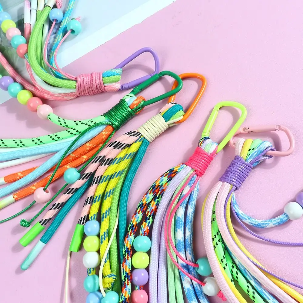 Y2K Braided Rope Keychain Colorful Creative Long Tassel Bag Charms Handmade Acrylic Striped Webbing Keychain Bag Accessories