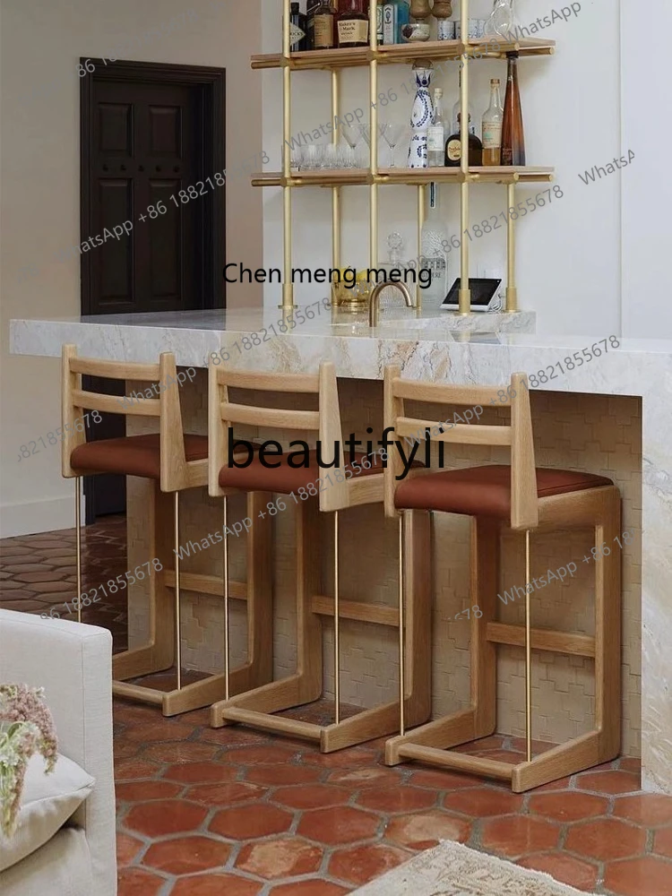 

X Modern Minimalist Solid Wood Bar Chair Home Stainless Steel Vintage Leisure Backrest Bar Stool