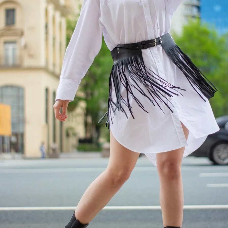 Black Leather Fringe Skirt Belts Adjustable Exotic Dancewear Bdsm Outf Fetish Bondage Gothic Waist Suspender Cage Skirt Harness