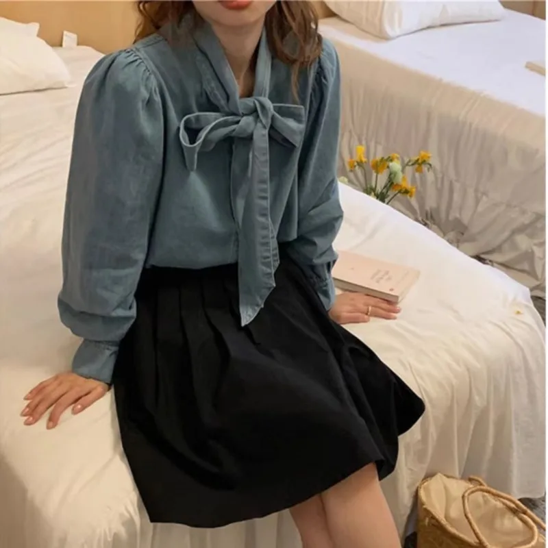 Matakawa Lace Up Bow Women Denim Shirts&blouses Solid Spring Autumn Korean Fashion Sweet Blusas Mujer Vintage Chic Camisas