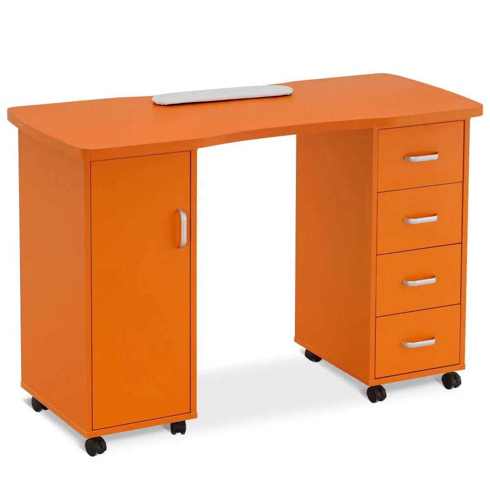 Acetone Resistant Manicure Table, Nail Tech Desk with 4 Drawers, 2 Cabinet, Lockable Wheels, Wrist Pad, Beauty Salon