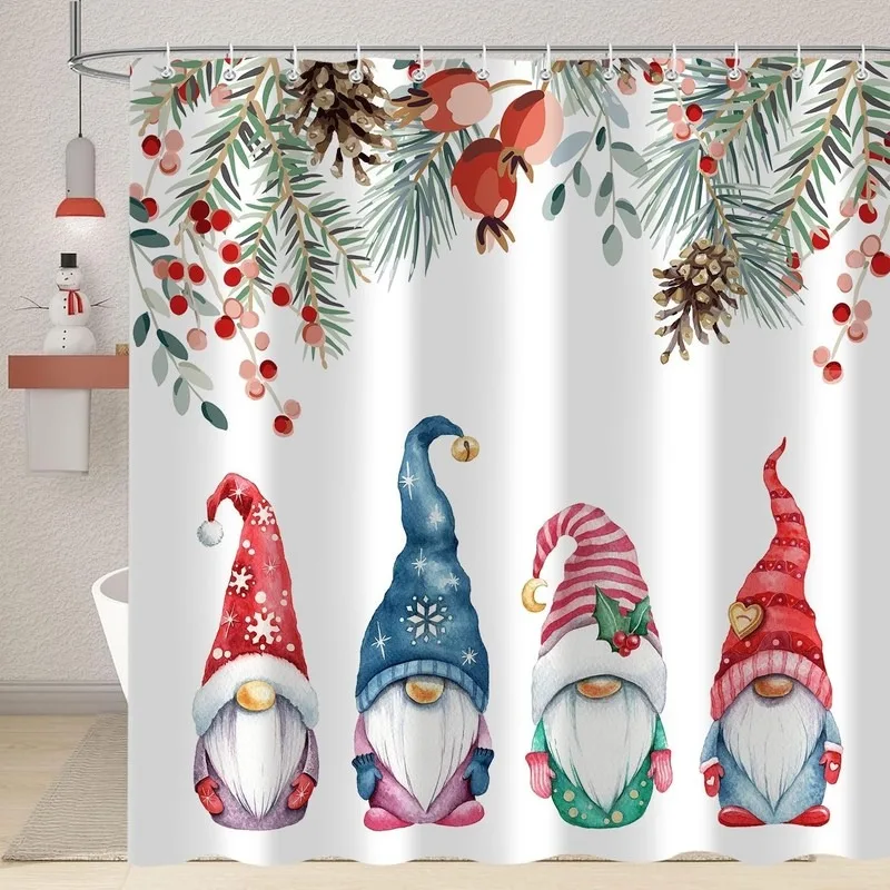 Watercolor Christmas No Face Doll Pine Branch Red Berries Pinecone Shower Curtain Bathroom Decor No Drilling with 12