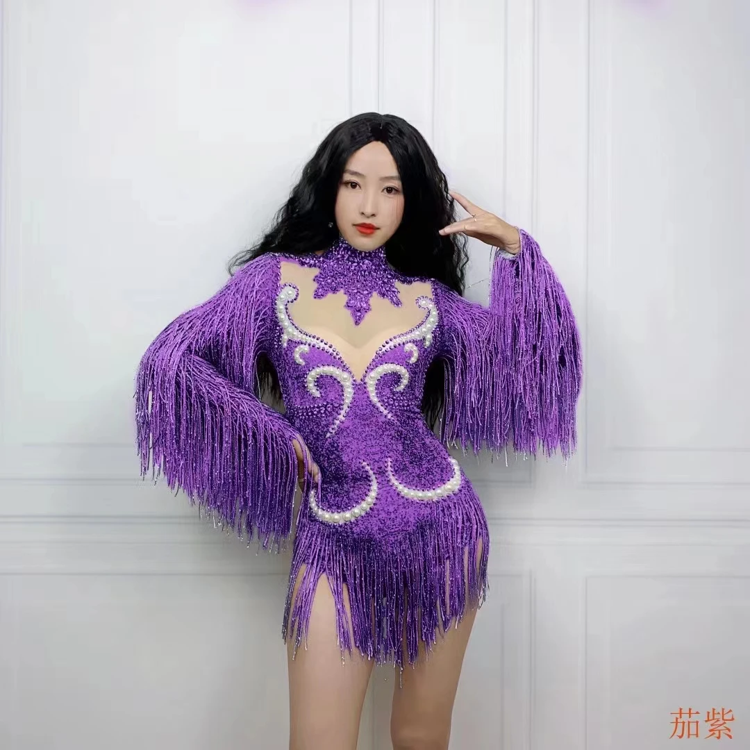 Fashion Gray Fringe Silver RhinestonesPearlsTransparent Bodysuit Women DanceShowCostume Birthday Party Outfit  D025