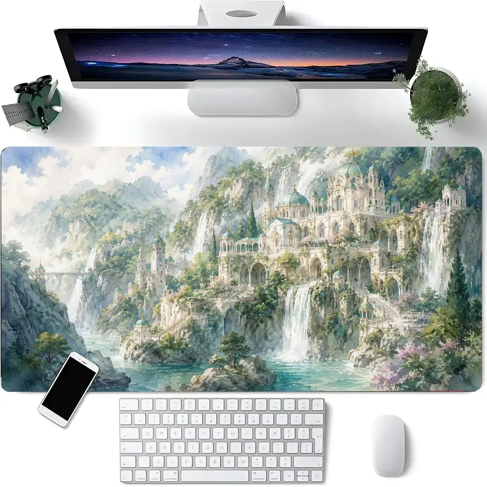 Watercolor Fantasy Castle Large Mouse Pad Mountain Waterfall Scenery Art Desk Mat for Home Office Gaming Decor