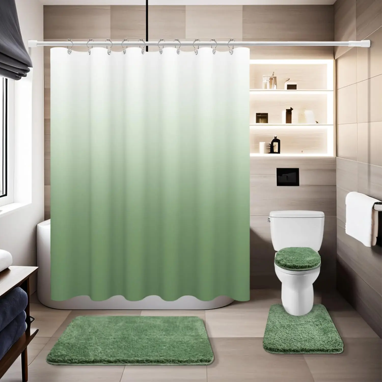 

Sage Green Bathroom Sets with Shower Curtain and Rugs Waterproof Shower Curt