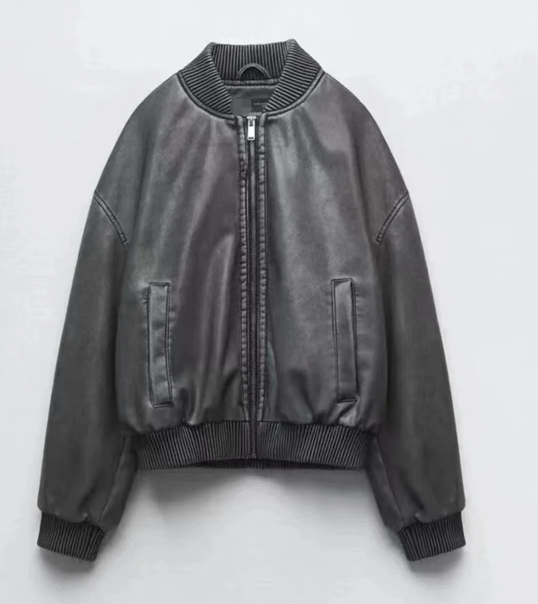 معطف نسائي كاجوال بياقة واقفة من Faionable Retro Pilot Jaet ملابس خارجية مع سحاب من جلد البولي يوريثان طويل بلون Sve