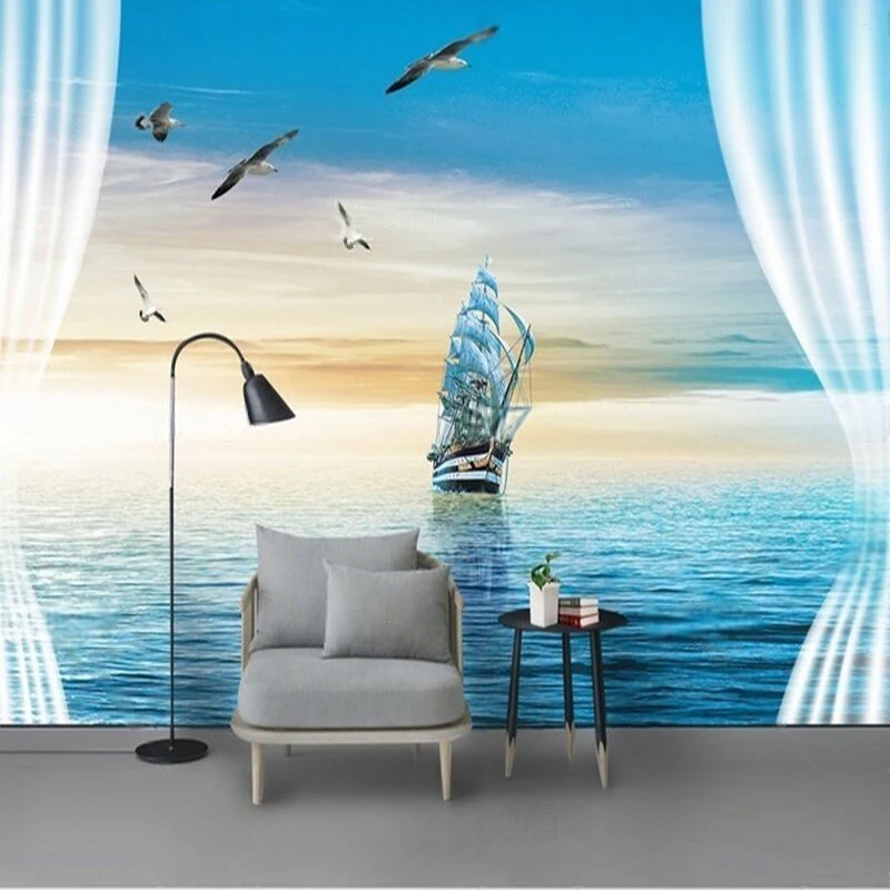Modern watercolor oil painting sea sailboat wild goose TV luxurious home decoration background wall
