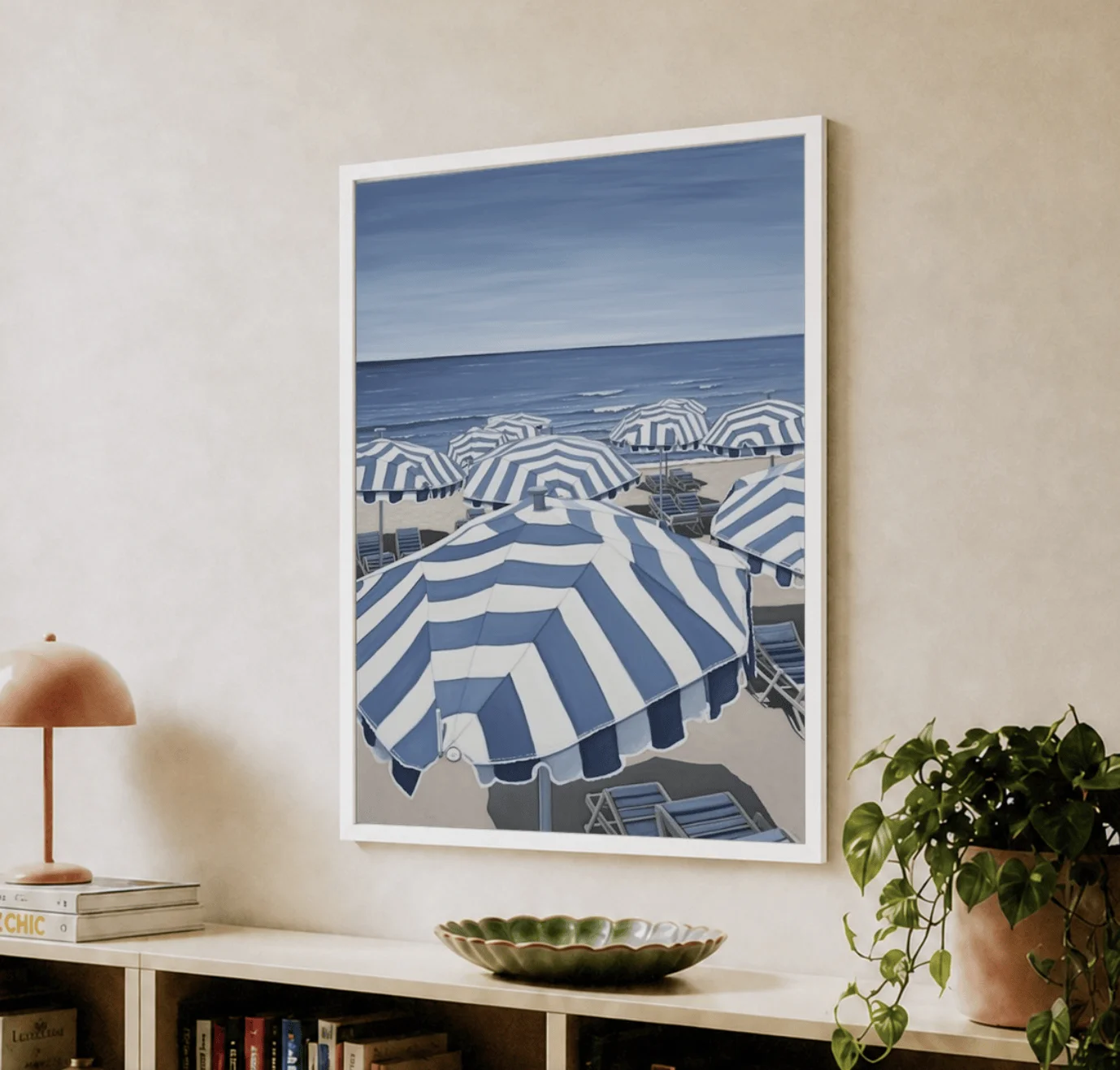 Blue Striped Beach Wall Art Canvas Prints, Coastal Seaside Posters, Calm Decor for Living Room Bedroom Gallery Wall Decor