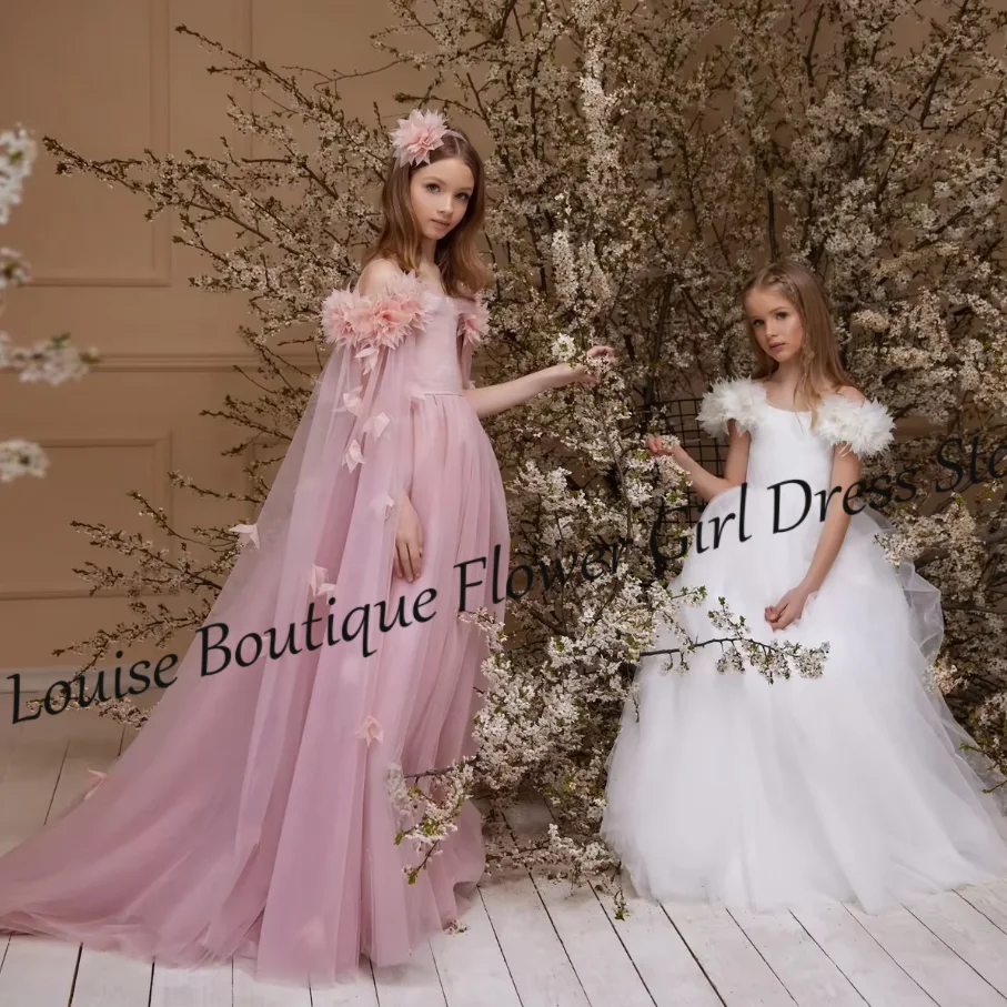 Fairy Flower Girl Dress Off Shoulder A-Line Floor Length Cap Sleeves Lace Up Dresses For Wedding Birthday Party Gowns Customized