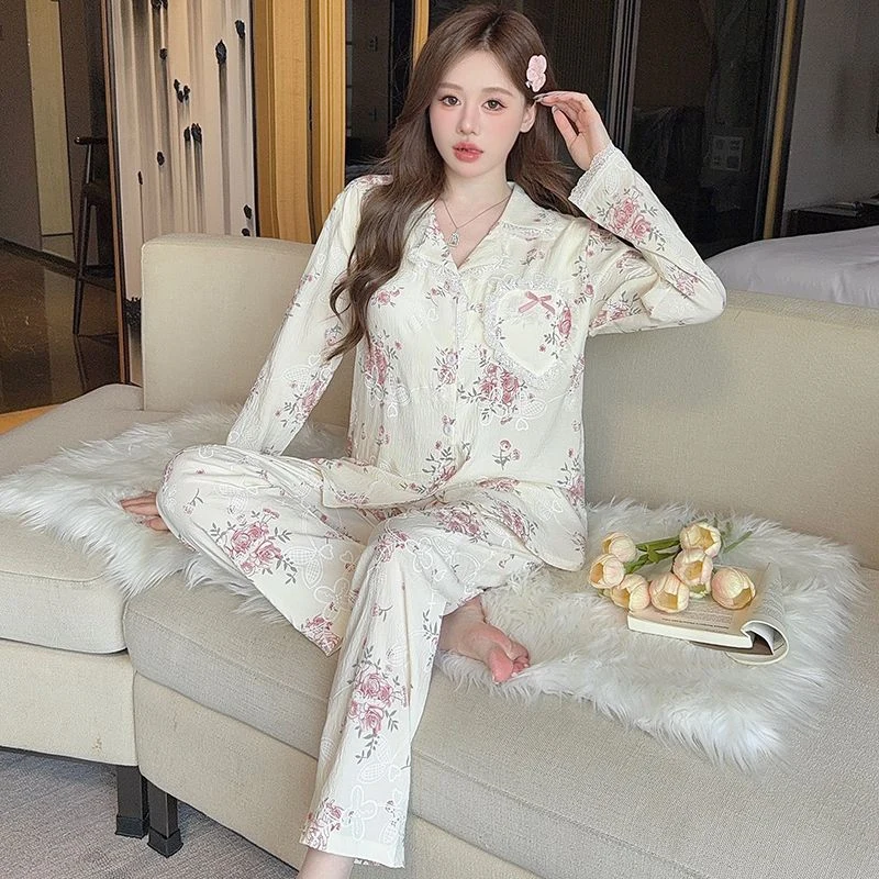 

2026 Spring Autumn Long Sleeve Cotton Print Pajama Sets for Women Cute Lace Sleepwear Pyjama Homewear Pijama Mujer Home Clothes