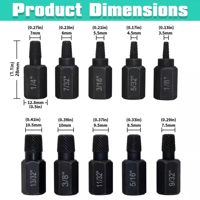 The 10 piece heavy-duty screw extractor is suitable for removing broken bolts and is suitable for home, workshop, and industrial