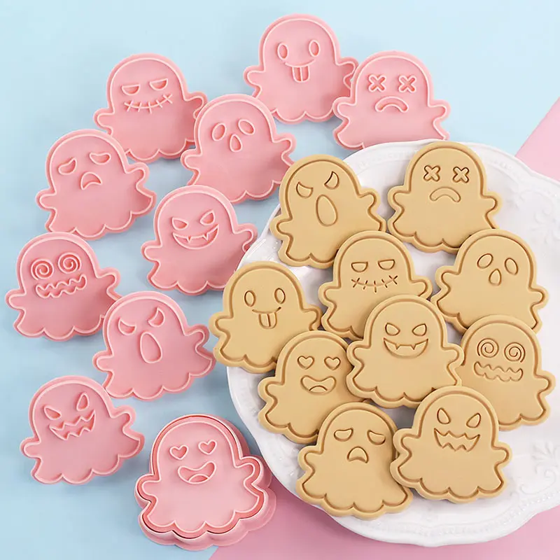 10 Pcs Halloween Cookie Cutting Moulds Ghost Shape Cartoon Pressable Biscuit Mold Cookie Stamp Kitchen Baking Pastry Bakeware