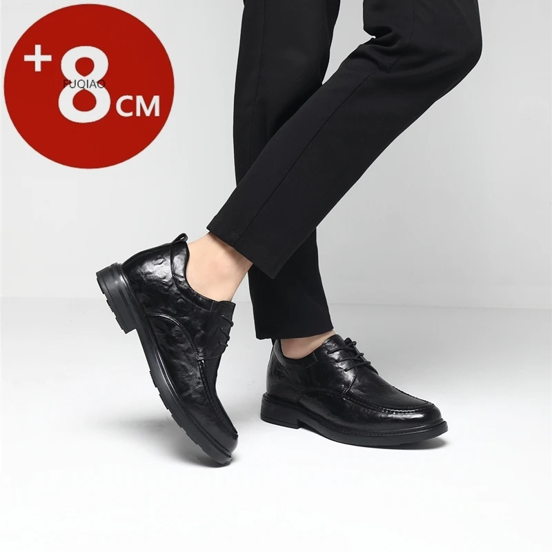 

Breathable Genuine Leather Men's Elevator Shoes 3/6/8CM Invisible Height Increase, Business Casual Derby Shoes with Soft Sole