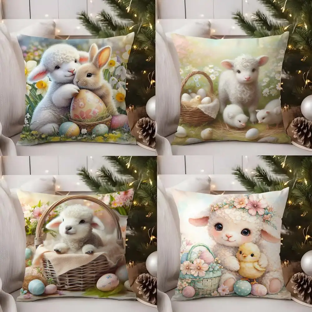 

Little Lamb Easter Cushion Cover Short Plush Double-sided Print Square Throw Pillow Covers Sofa Home Cushion Decor