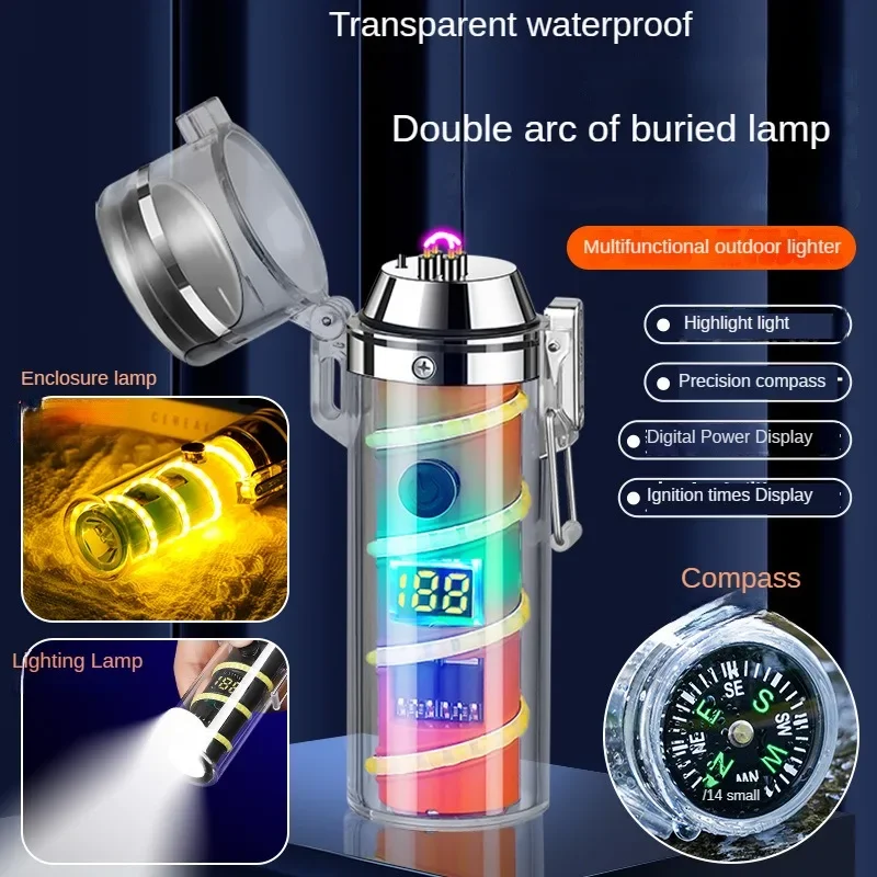 Double Arc Lighter with Ambient Light, Outdoor Lighting, with Compass, Multifunctional Emergency Flashlight and Lighter in One