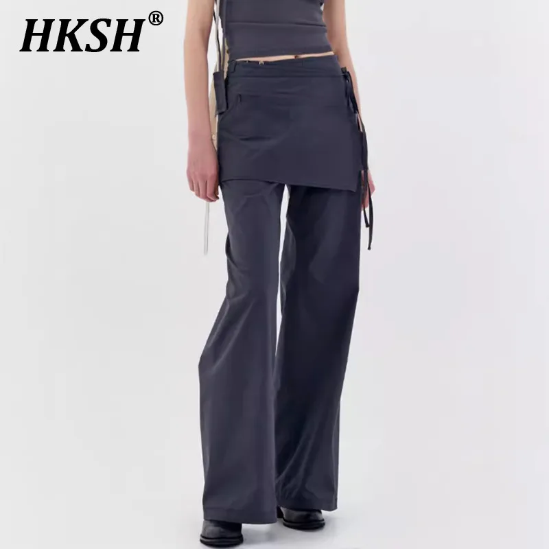 

HKSH 2024 Spring Autumn New Women Tide Punk Casual Niche Design High Sense Wide Legs Hanging Skirt Pants Chic Streetwear HK3040