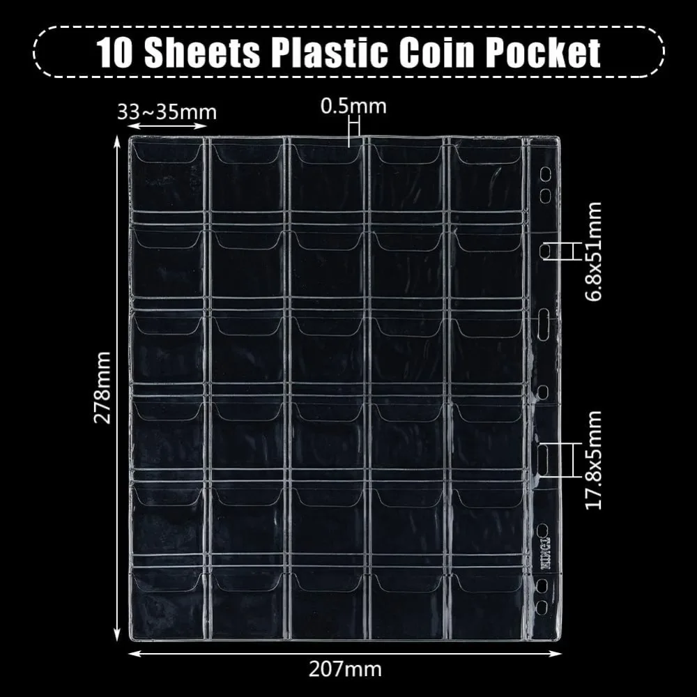 1 Sets Coin Collection Binder Pages PVC Pocket Pages Sleeves Professional Collection for Pennies Quarters Stamps