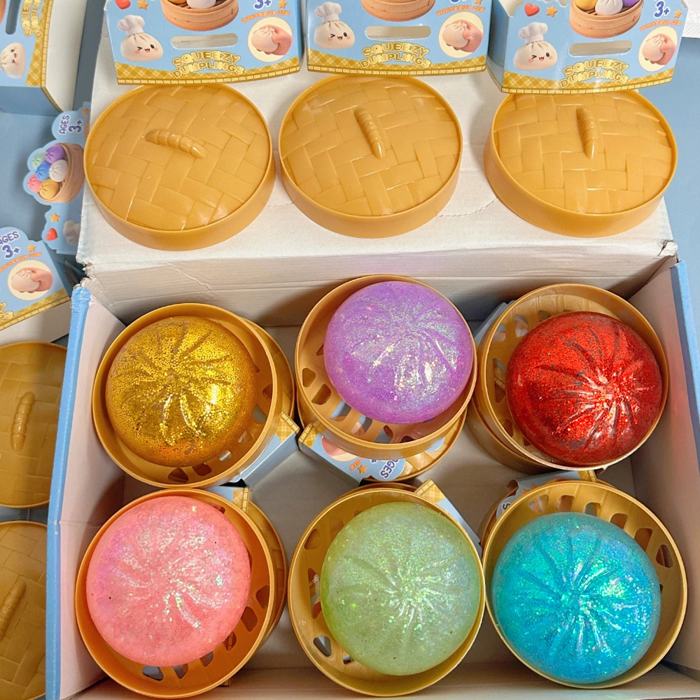 6 style Realistic Giant Dumpling Squeeze Toy with Bamboo Steamer Soft TPR Dough Ball Decompression Fidget Toy Creative Gift