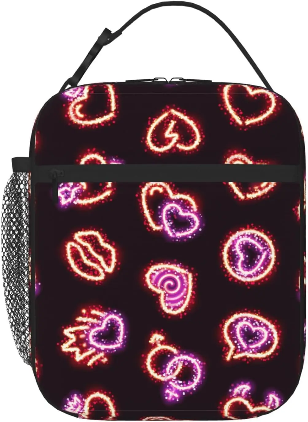 Glowing Hearts Reusable Lunch Bag Insulated Lunchbox Cooler Tote Bag  with Side Pocket For Women Men Work Office Beach Picnic