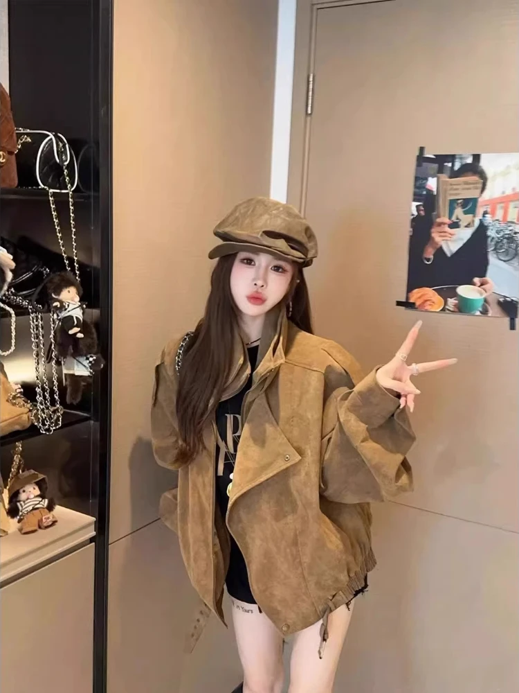 

Vintage Suede Moto Jacket Women Fall Brown Workwear Jacket Oversized Suede Cargo Coat Retro Casual Streetwear Outerwear