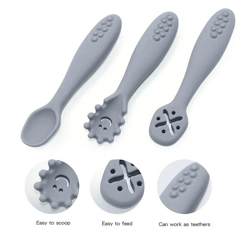 3PCS Baby Silicone Pre Spoon BPA Free Soft Training Spoons with Chewable Handle Multi-purpose Silicone Cutlery for Toddler Kids