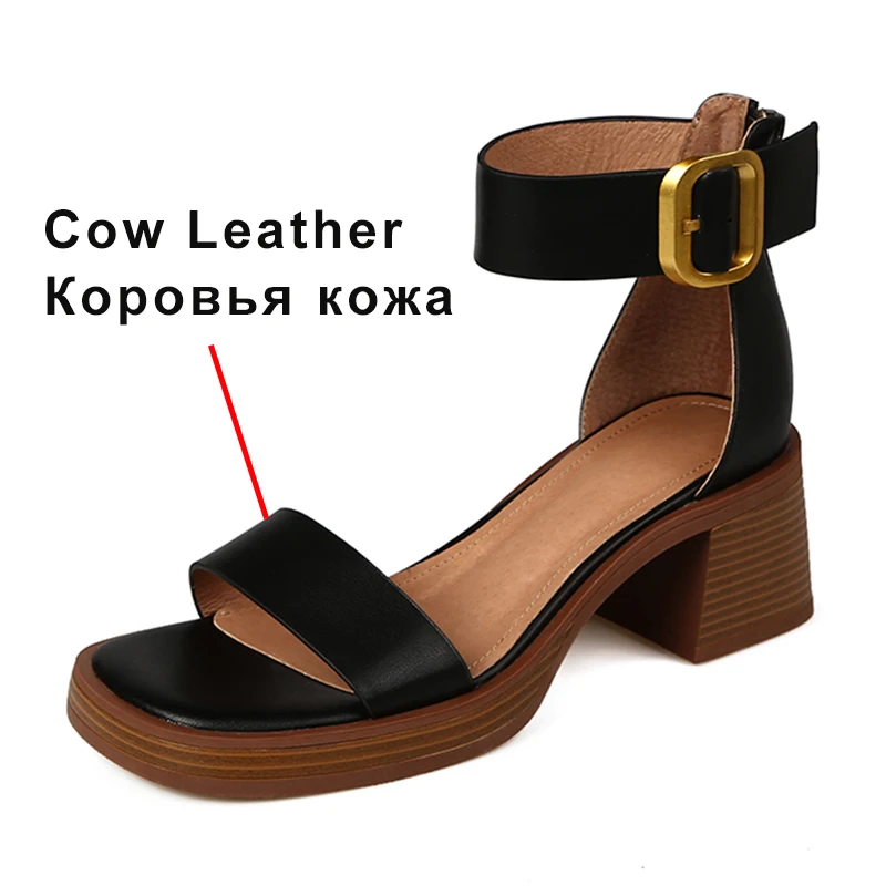 Brand Genuine Cow Leather Sandals Block Mid Heels Women Roma Sandals Open Toe Retro Buckle Sandals Ankle Strap 2024 Trend