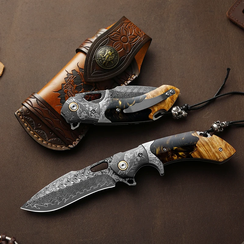 Damascus Steel Folding Pocket Knife, Resin+Maple wood，Leather Sheath，Outdoor Camping,Survival Tool, Collector's Grade Gift Knife